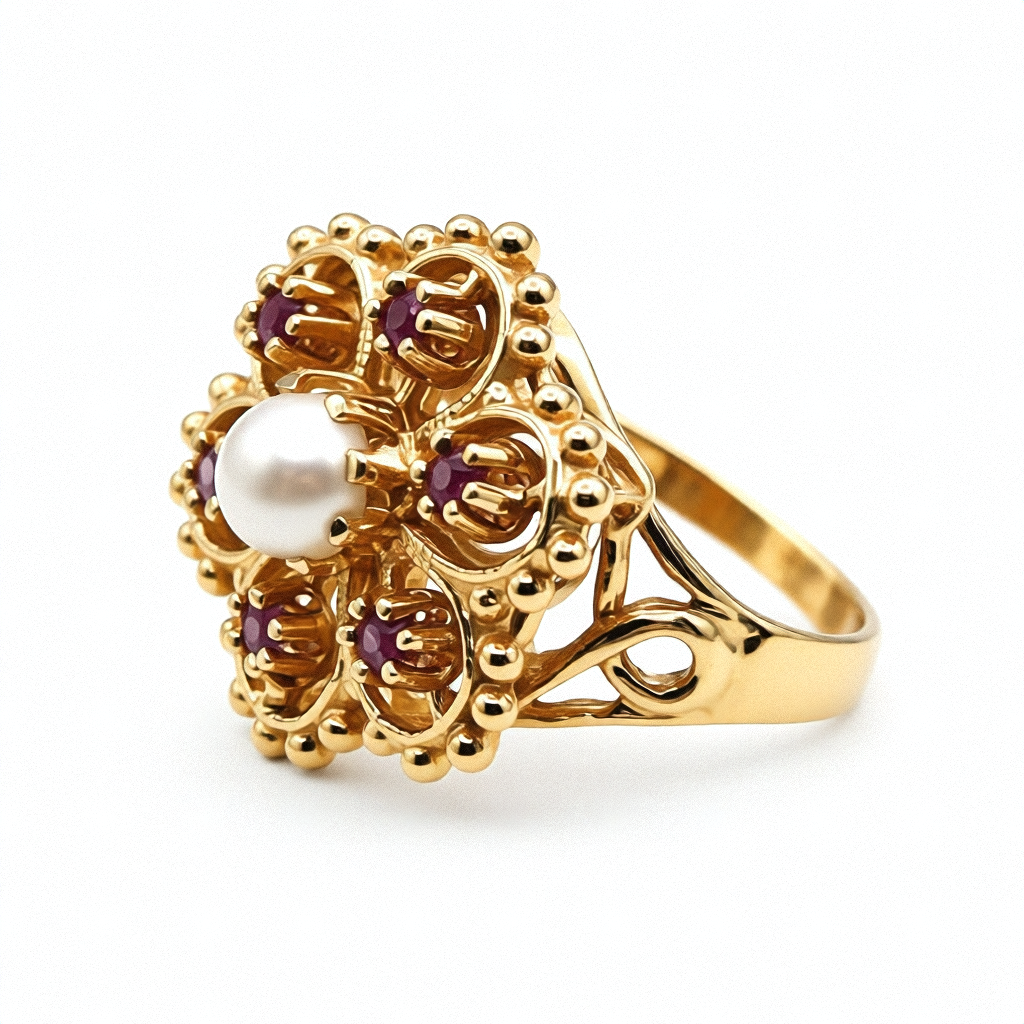 14K Gold, Ruby & Pearl Open Work Filigree Ring