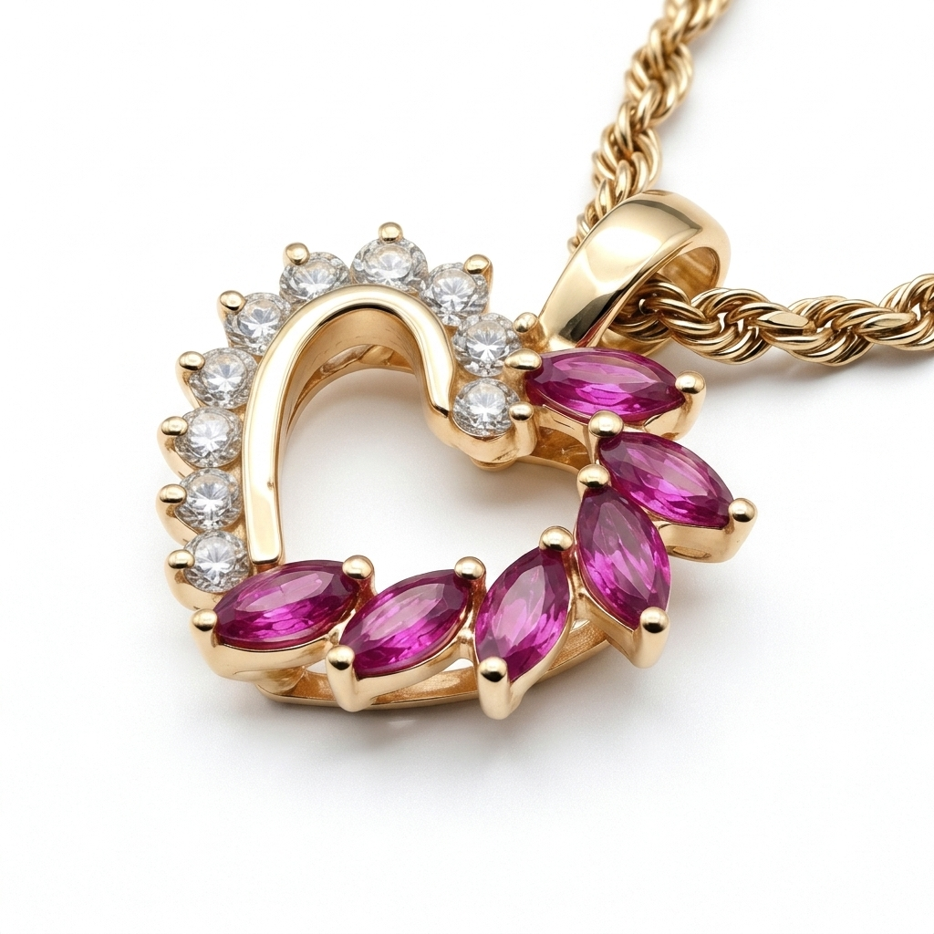 Gold, Amethyst & Diamond Symmetrical Heart Necklace - Estate Jewelry Priced Right