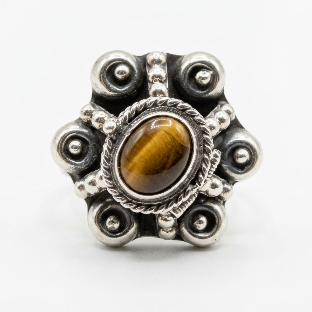 Sterling Silver & Tiger Eye Poison Ring - Estate Jewelry Priced Right