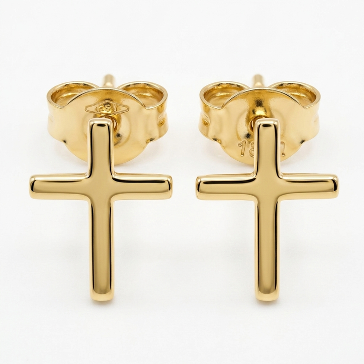18K Gold Traditional Cross Stud Earrings
