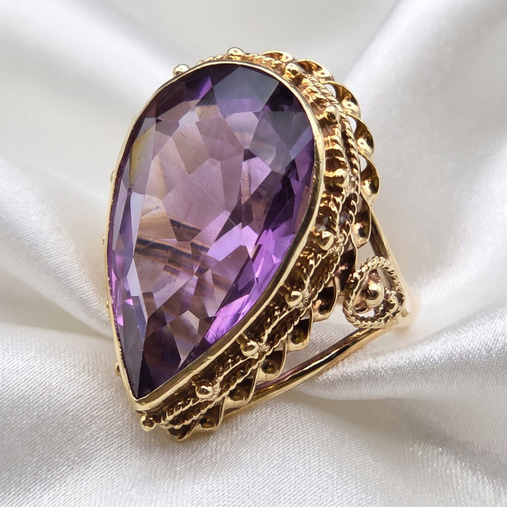 14K Gold, Large 7.0+ Carat Teardrop Amethyst Statement Ring