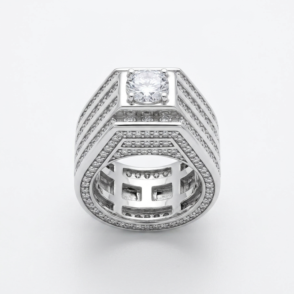 Men's Sterling Silver & CZ Iced Out Tall Gallery Statement Ring