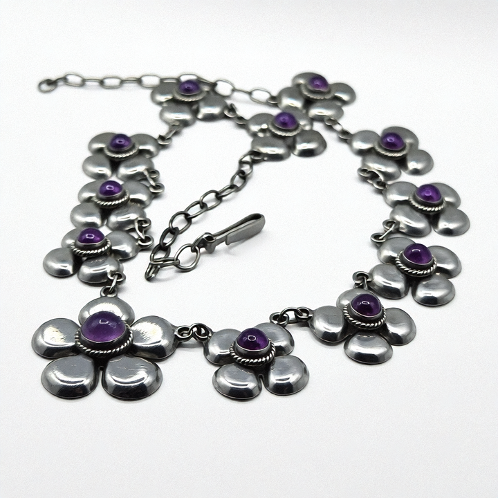 Mid-Century Modern Taxco Sterling Silver Cabochon Amethyst Flower Necklace
