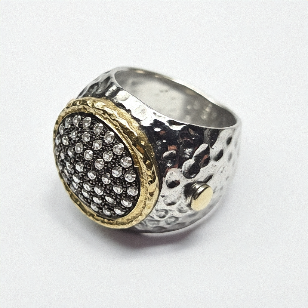 2 Tone Sterling Silver CZ Cluster Chunky Ring - Estate Jewelry Priced Right