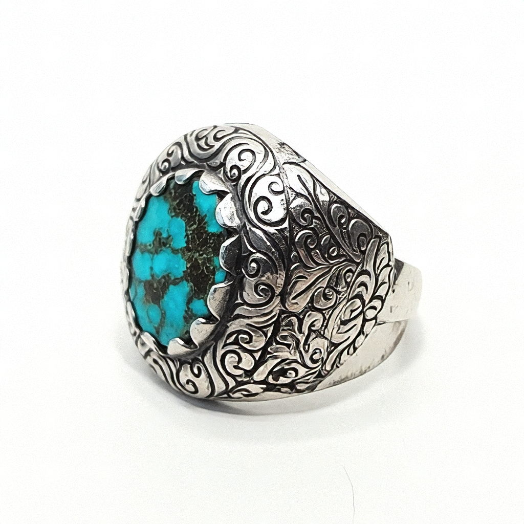 Chunky Polished Turquoise Sterling Silver Statement Ring - Estate Jewelry Priced Right