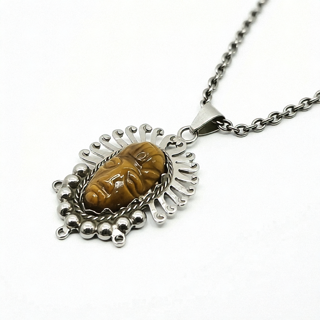 Sterling Silver Carved Tiger Eye Tribal Warrior Face - Estate Jewelry Priced Right