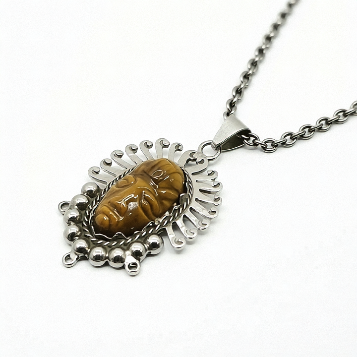 Sterling Silver Carved Tiger Eye Tribal Warrior Face - Estate Jewelry Priced Right
