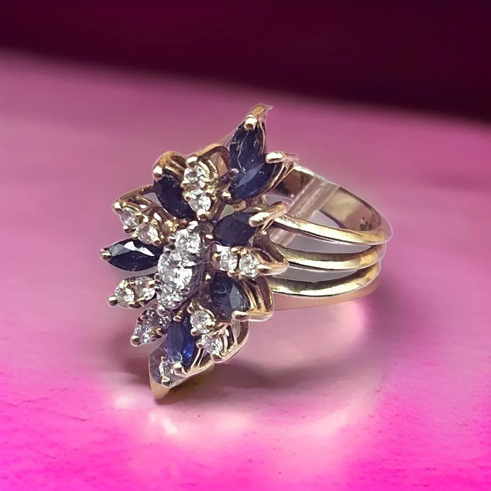Gold, Diamond and Blue Sapphire Statement Ring - Estate Jewelry Priced Right