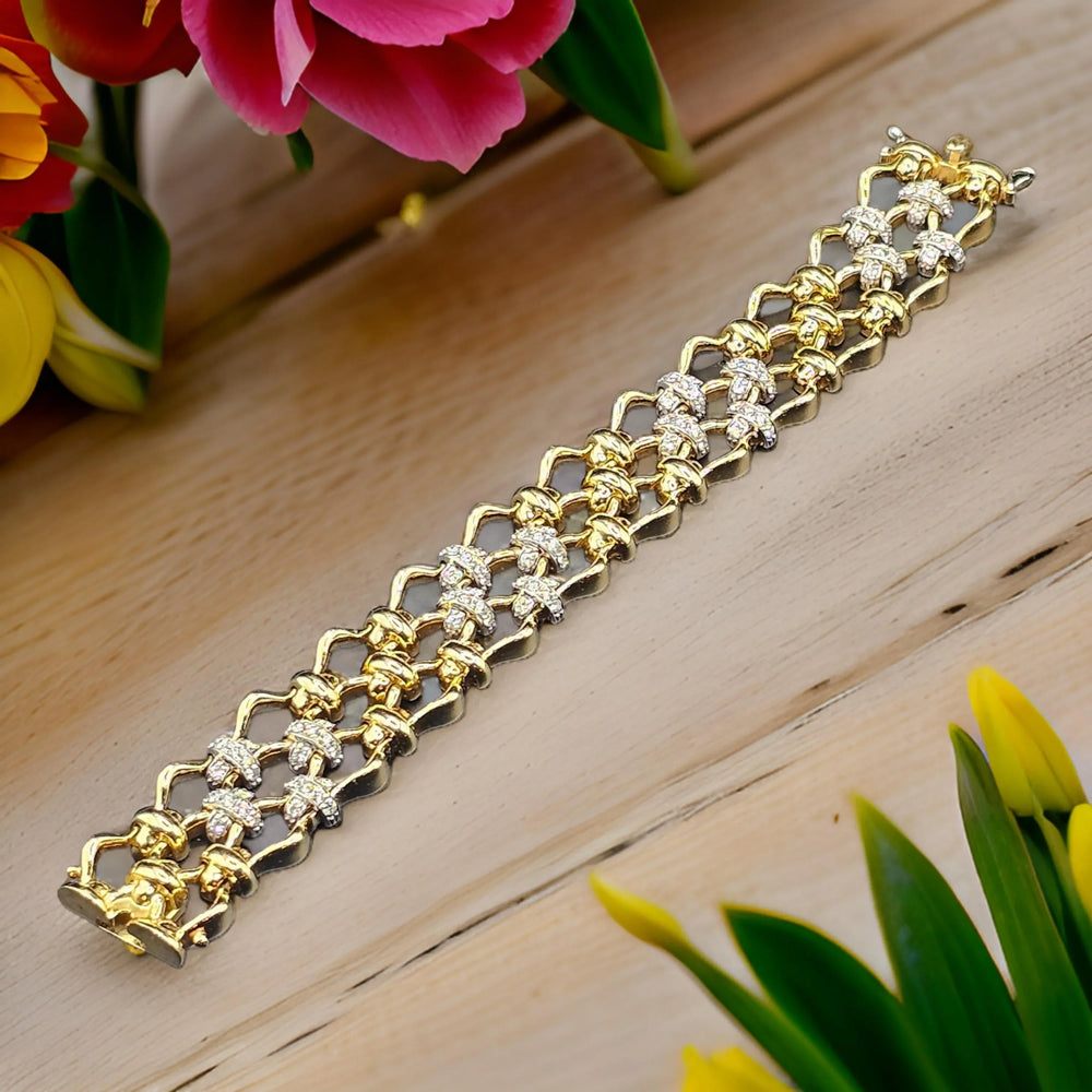 Gold and Diamond Wide Link Statement Bracelet - Estate Jewelry Priced Right