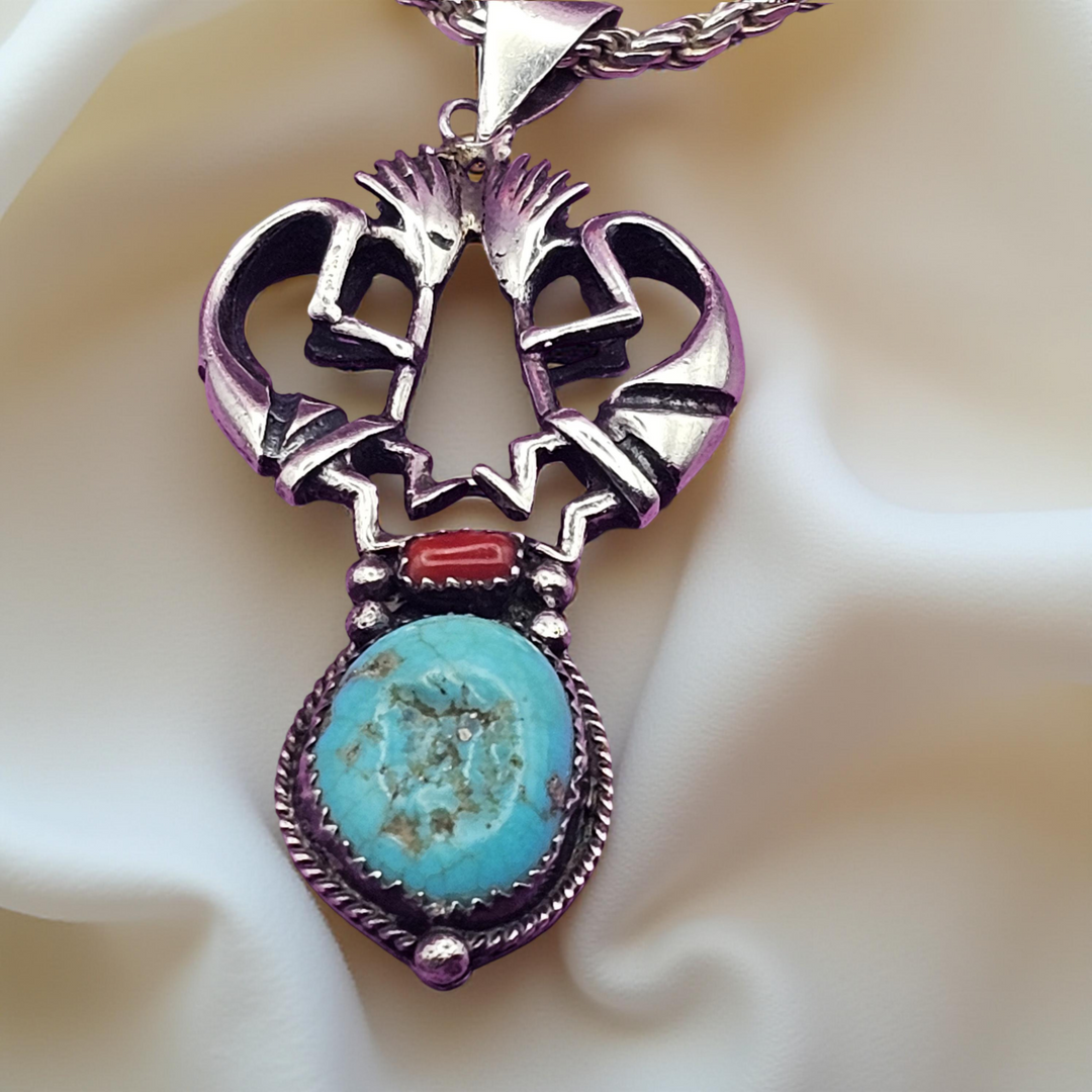 Double Kokopelli, Turquoise & Coral Sterling Necklace