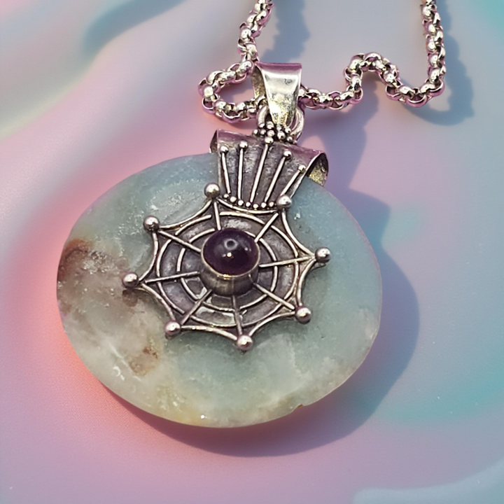 Sterling Silver Spinning Jade Spider Web Necklace