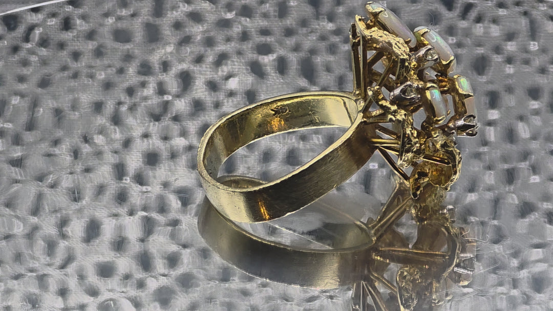 Gold, Opal & Diamond Rough Nugget Cluster Ring