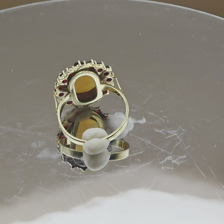 Carved Conch Shell Cameo & Ruby Gold Ring