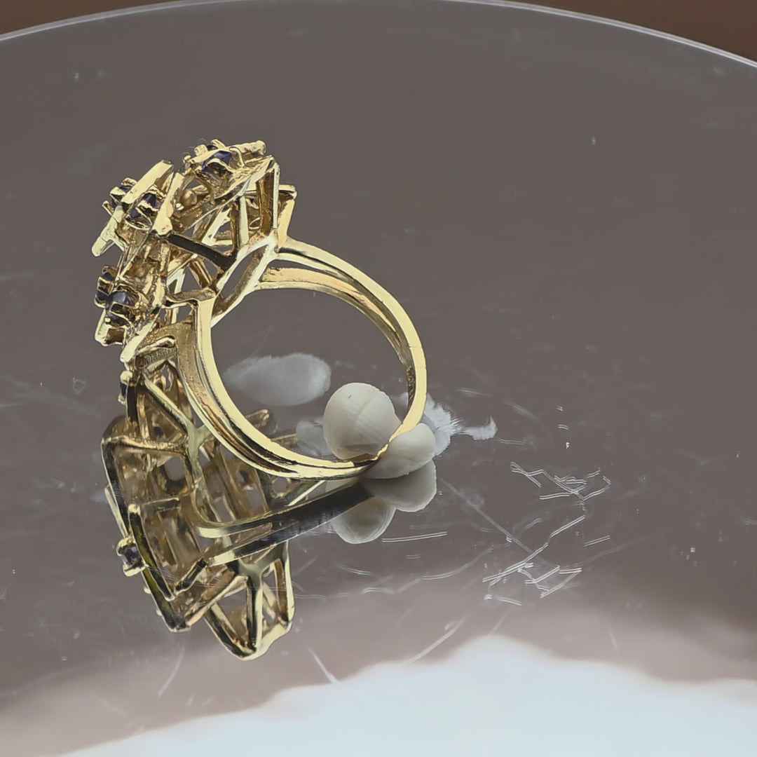 Gold and Blue Sapphire Open Work Statement Ring
