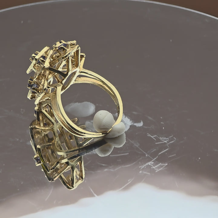 Gold and Blue Sapphire Open Work Statement Ring