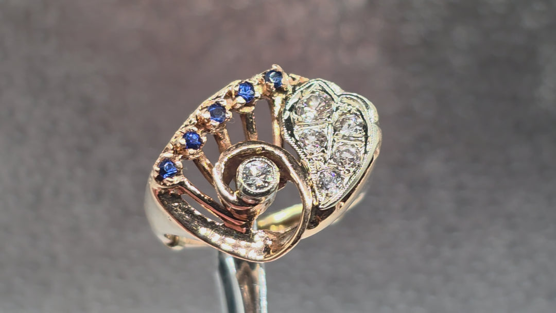 Gold, Diamond and Blue Sapphire Radiant Ring