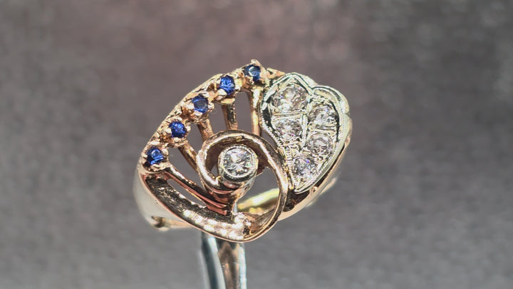 Gold, Diamond and Blue Sapphire Radiant Ring