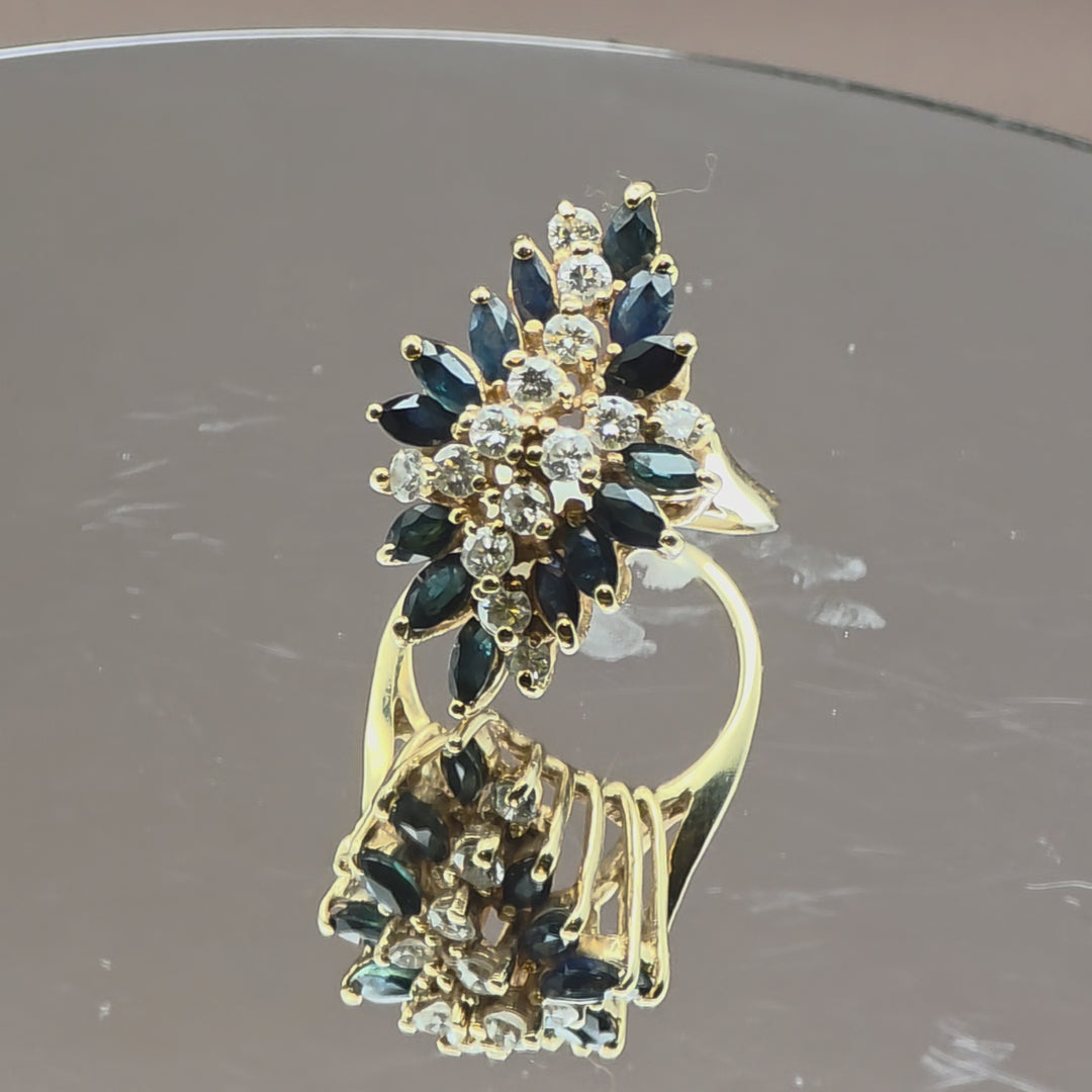 Gold, Diamond and Blue Sapphire Waterfall Ring