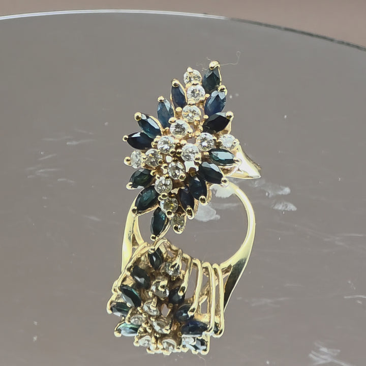 Gold, Diamond and Blue Sapphire Waterfall Ring