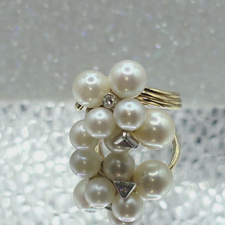 Gold, Pearl & Diamond Cluster Statement Ring