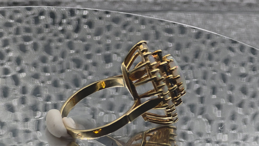 Gold, Opal & Cobalt Blue Spinel Halo Ring