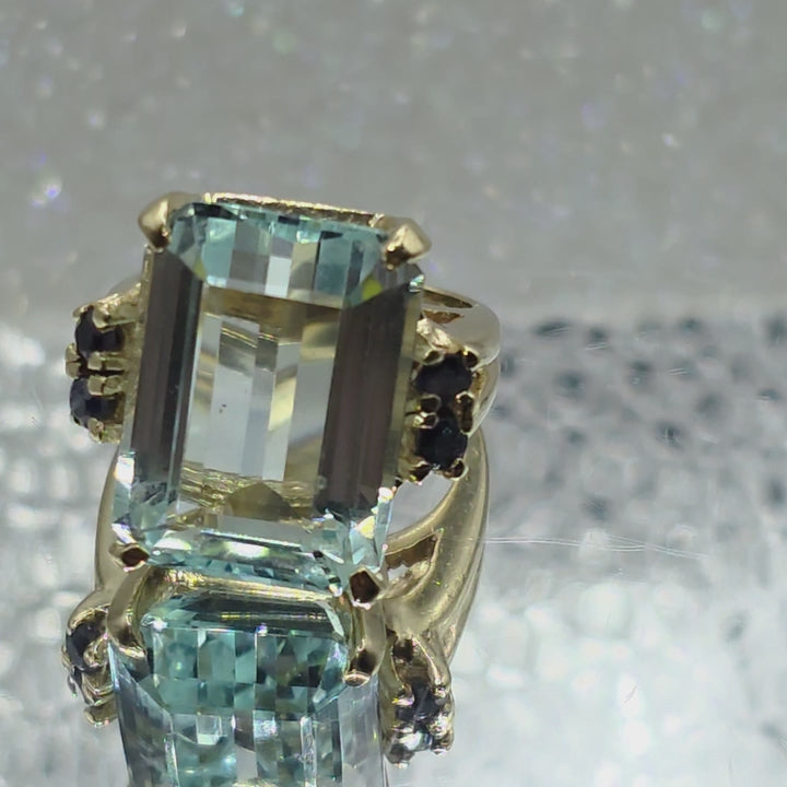 Gold, Emerald Cut Aquamarine & Sapphire Ring