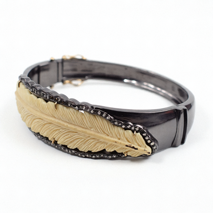 Oxidized Sterling Silver & Natural Material Bangle Bracelet - Estate Jewelry Priced Right