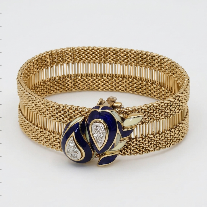 Spectacular 14K Gold, Diamond & Enameled Double Weave Bracelet