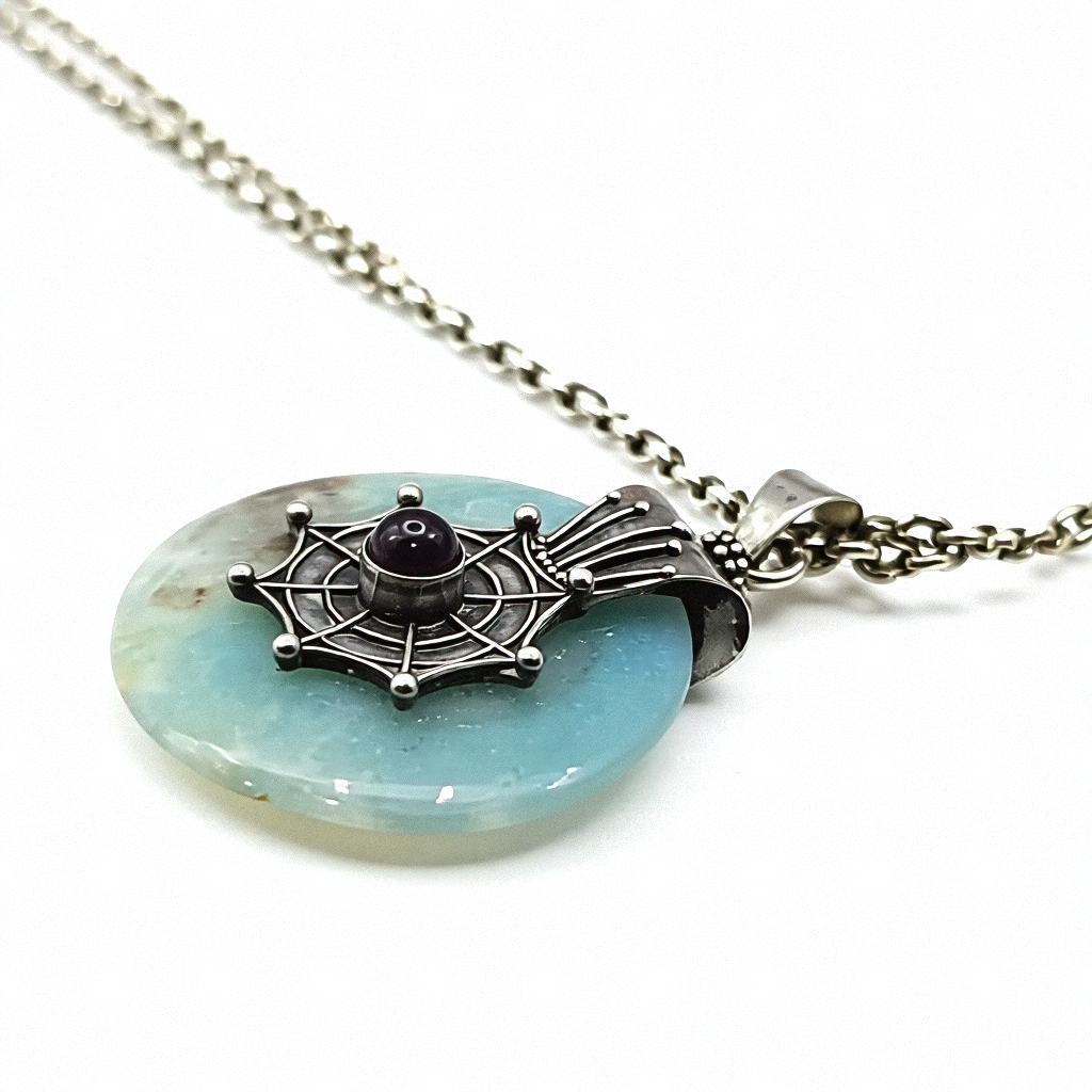 Sterling Silver Spinning Jade Spider Web Necklace - Estate Jewelry Priced Right