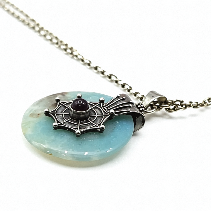 Sterling Silver Spinning Jade Spider Web Necklace - Estate Jewelry Priced Right