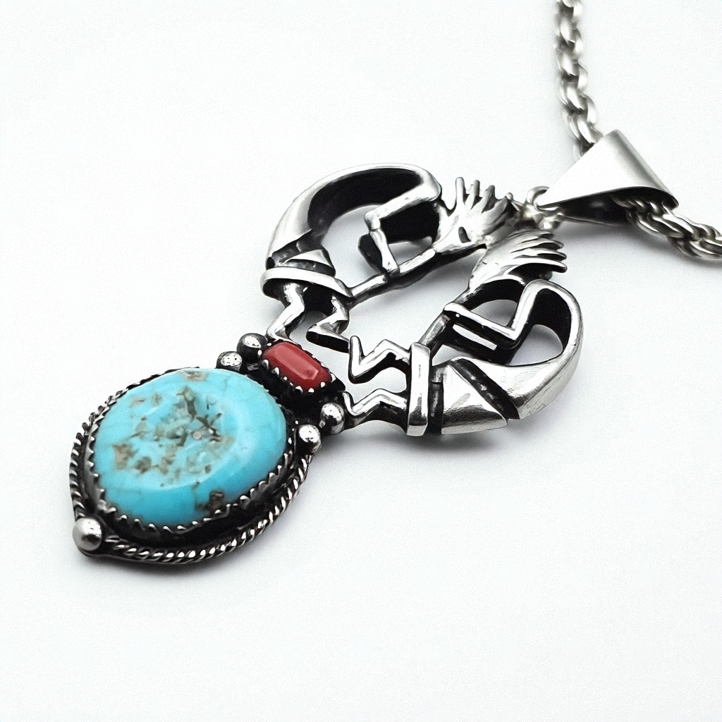Double Kokopelli, Turquoise & Coral Sterling Necklace - Estate Jewelry Priced Right