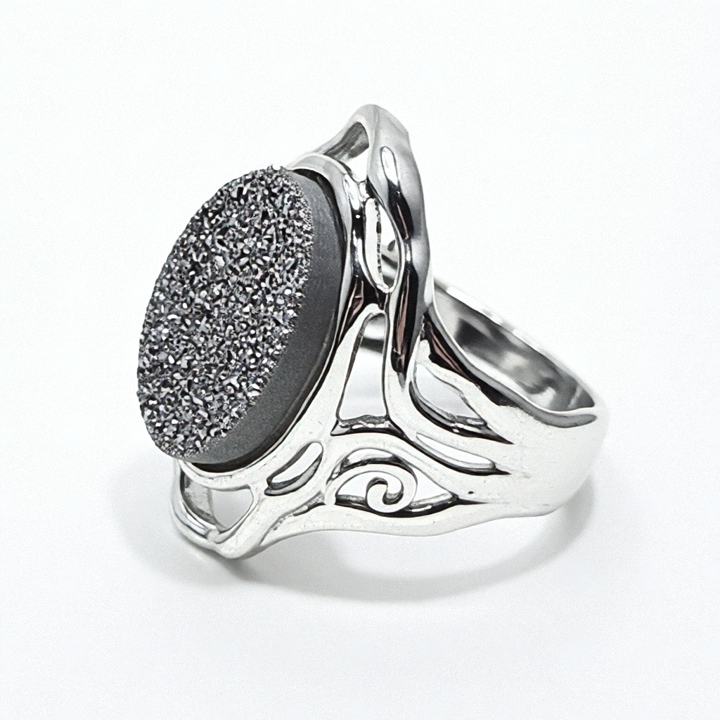 Sterling Silver Druzy (Drusy) Quartz Squiggle Top Ring - Estate Jewelry Priced Right