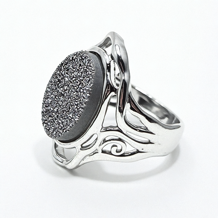 Sterling Silver Druzy (Drusy) Quartz Squiggle Top Ring - Estate Jewelry Priced Right
