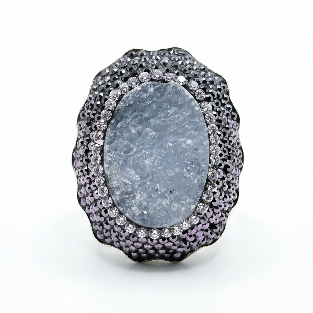 Sterling Silver Druzy Gray Quartz Statement Ring - Estate Jewelry Priced Right