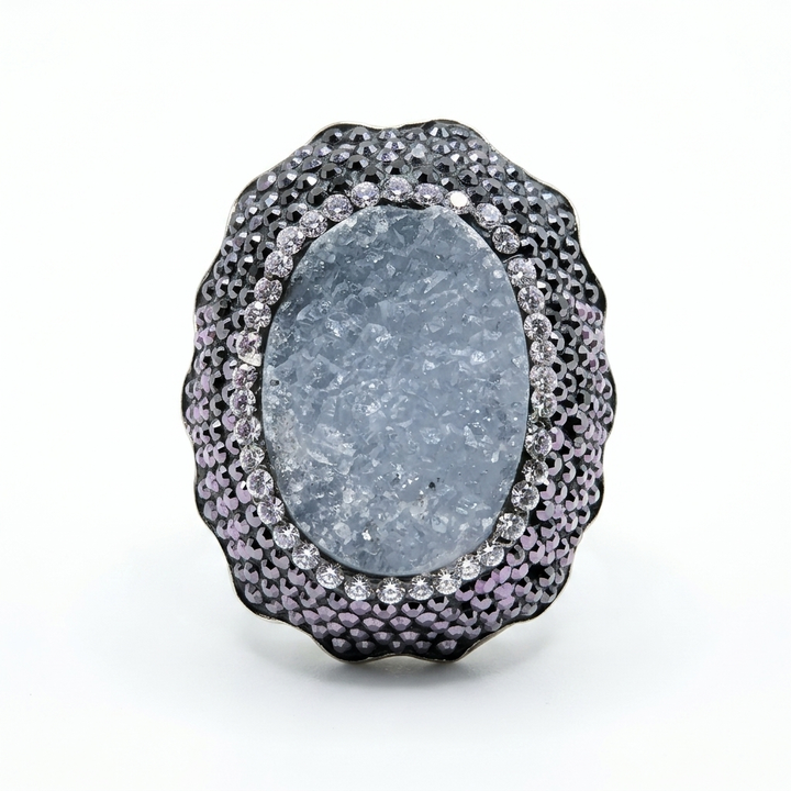 Sterling Silver Druzy Gray Quartz Statement Ring - Estate Jewelry Priced Right
