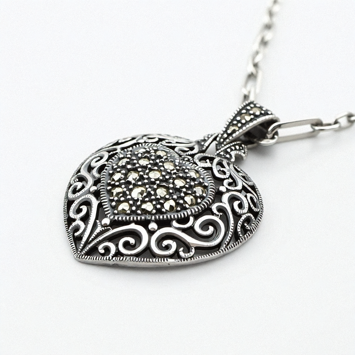 Sterling Silver Marcasite Filagree Heart Necklace
