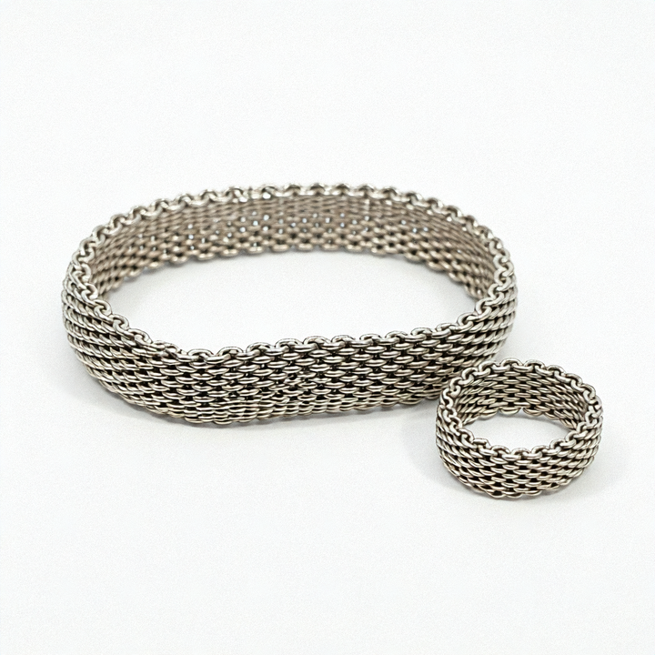 Authentic Tiffany & Co. Sterling Silver Mesh Bracelet and Ring Set - Estate Jewelry Priced Right