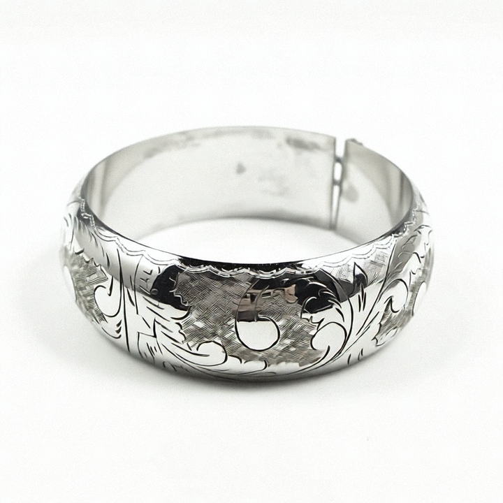 Mid-Century Sterling Silver Flora Etched Bangle Bracelet