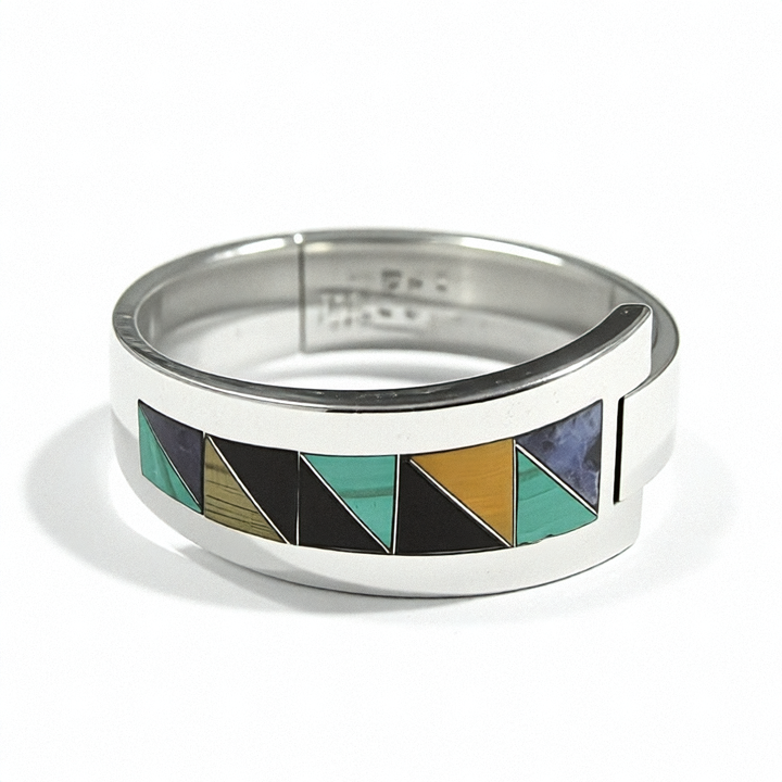Sterling Silver & Inlaid Multi-Stone Geometric Bangle Bracelet