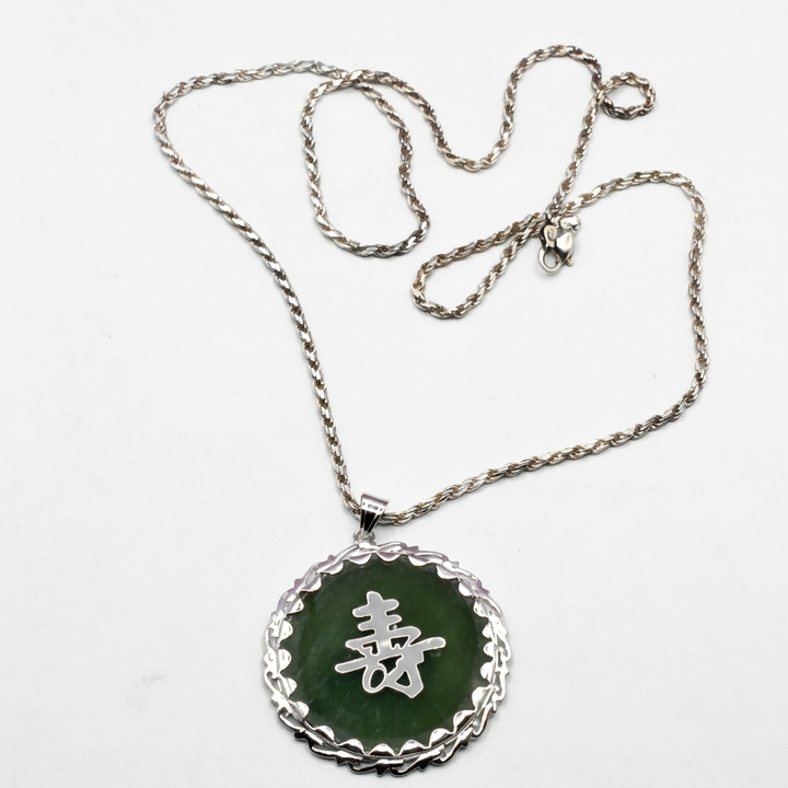 Sterling Silver & Cabochon Jade Longevity Necklace