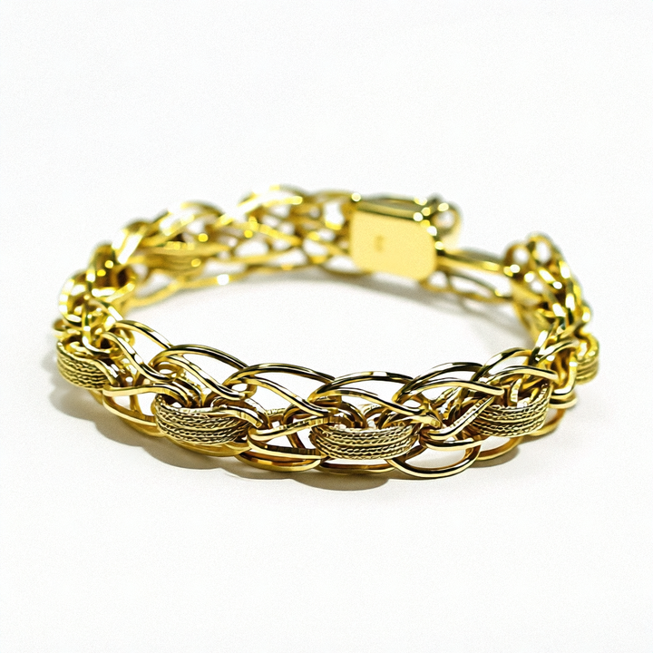 14K Gold Mid-Century Modern Figaro & Woven Strip Bracelet