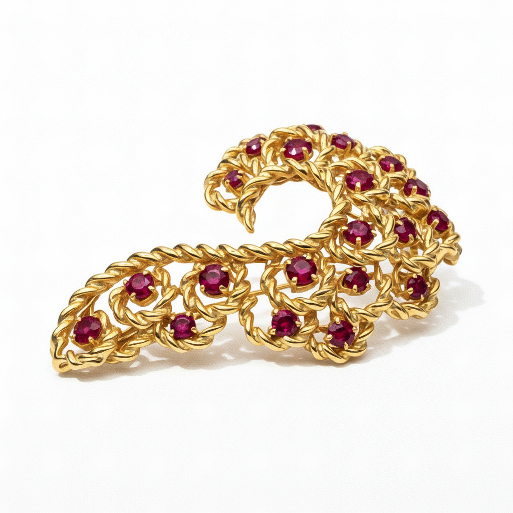 14k gold Serpentine brooch with ruby gemstones on a purple background
