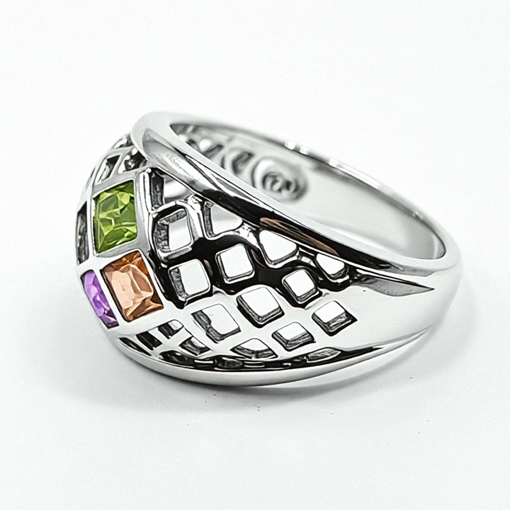 Sterling Silver Geometric Lattice, Multi-Gem Statement Ring