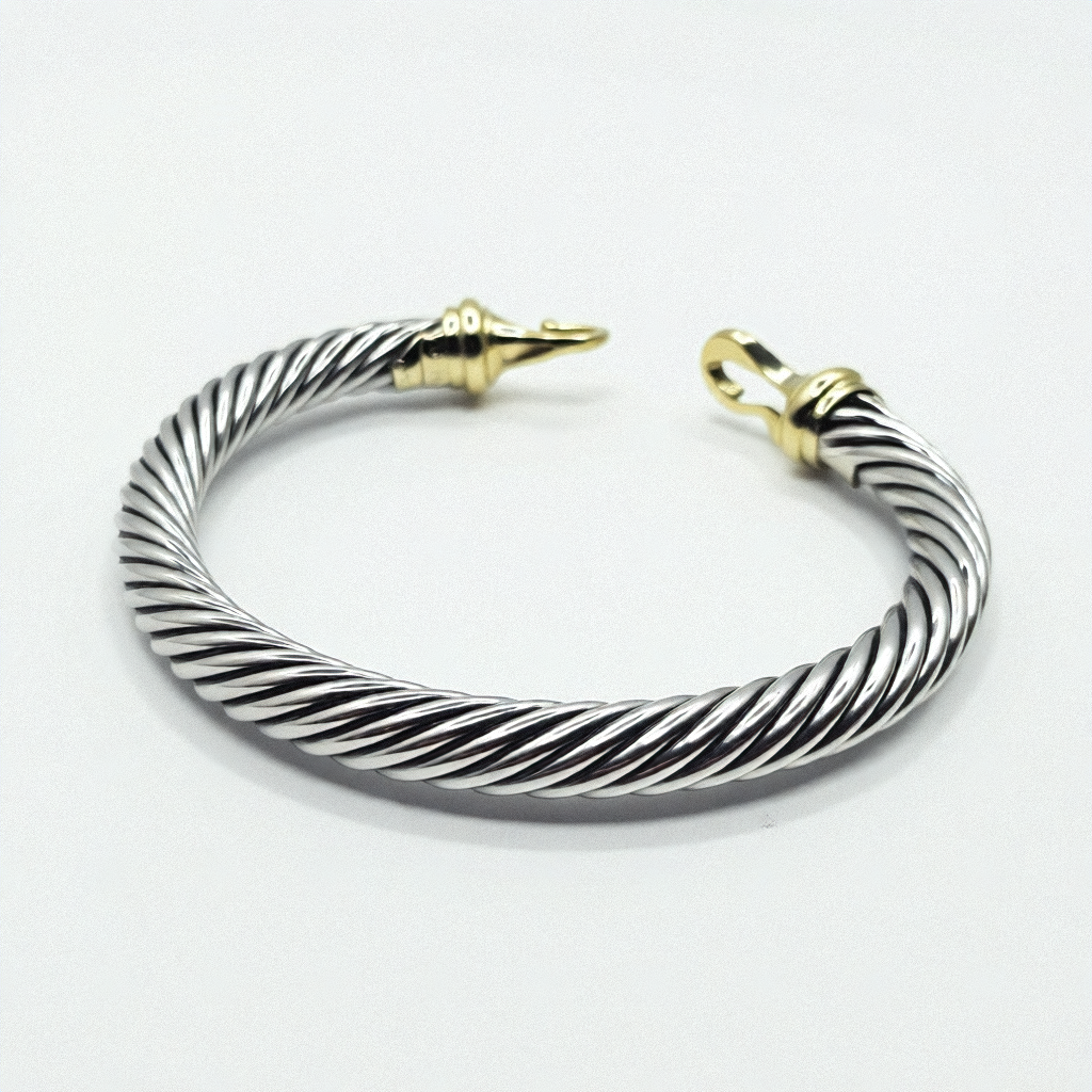 David Yurman 7MM Sterling Silver 14K Gold Cable Buckle Bracelet - Estate Jewelry Priced Right
